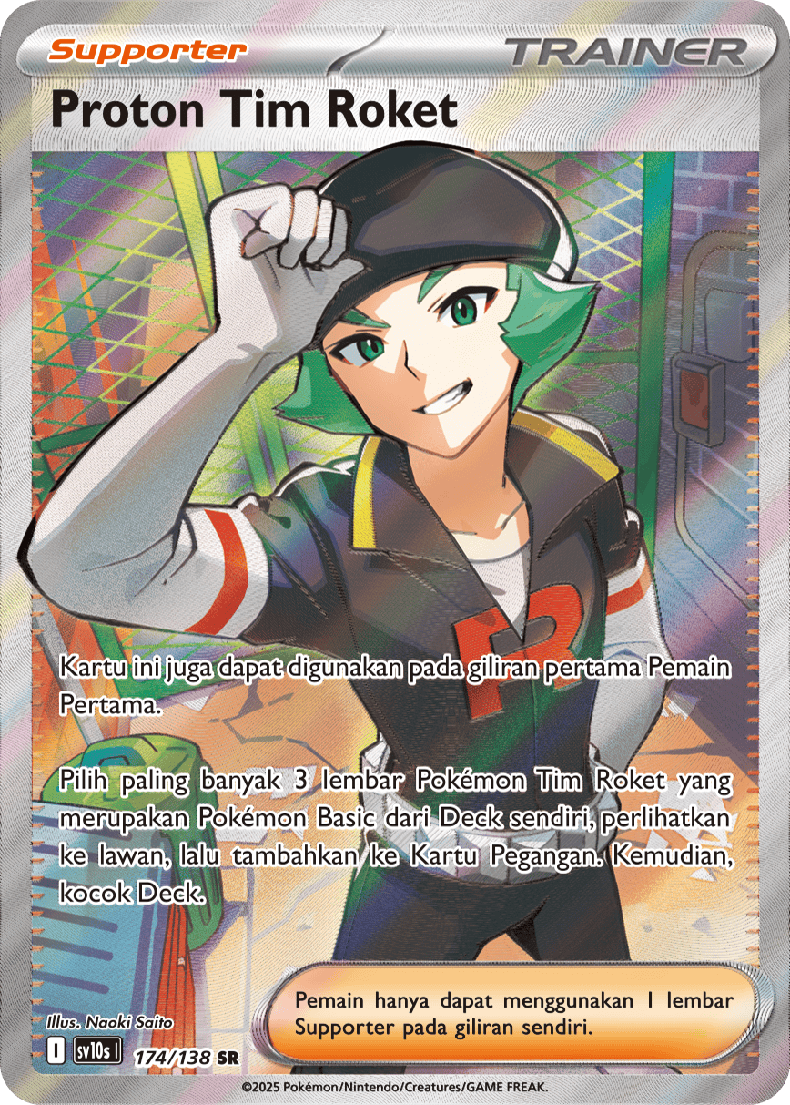 Team Rocket's Proton SR fill art fa Pokemon Card 174/138 Destined Rivals / Presence of Champions Indonesian KrystalKollectz Naoki Saito pokemon artist 2025 supporter card trainer