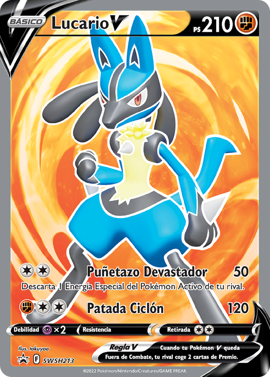 Lucario V SR Promo card Pokemon 2022 VSTAR Lucario Collection Box takuyoa KrystalKollectz Web Store Black Star Promo SWSH213 Español Spanish 