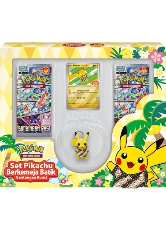 Pikachu Berkemeja Batik Collection Box Indonesian KrystalKollectz PNG Image 2024 Bimbingan Rasi Booster Pack Pikachu Keychain Promo Card Reverse Holo