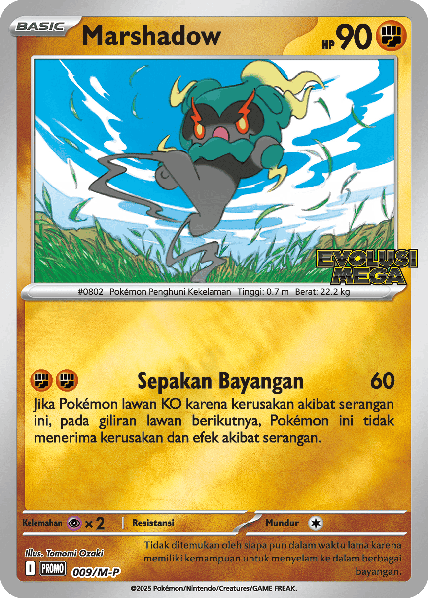 Marshadow Promo Mega Evolution / Evolusi Mega Pokemon Card 009/M-P - Indonesian Krystalkollectz.com KrystalKollectz 2025 MEGA reverse holo Indonesia 