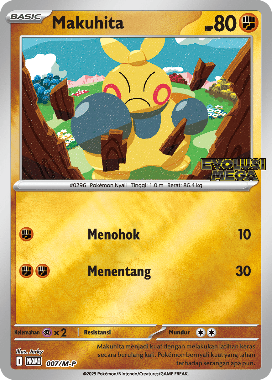 Makuhita reverse holo promo card Indonesian Pokemon card single 2025 007/M-P Promo Jerky Fighting type KrystalKollectz.com KrystalKollectz #0296 Indonesia version Mega Evolution MEGA era EVOLUSI MEGA 